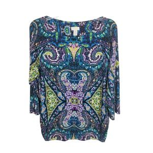 Chico's Blue Paisley Print 3/4 Sleeve Boho Colorful Top Women's Size 2 (L)